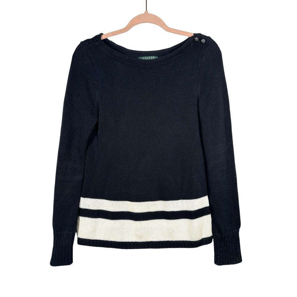 LAUREN RALPH LAUREN Black White Striped Logo Shoulder Buttons Cotton -Sz Small